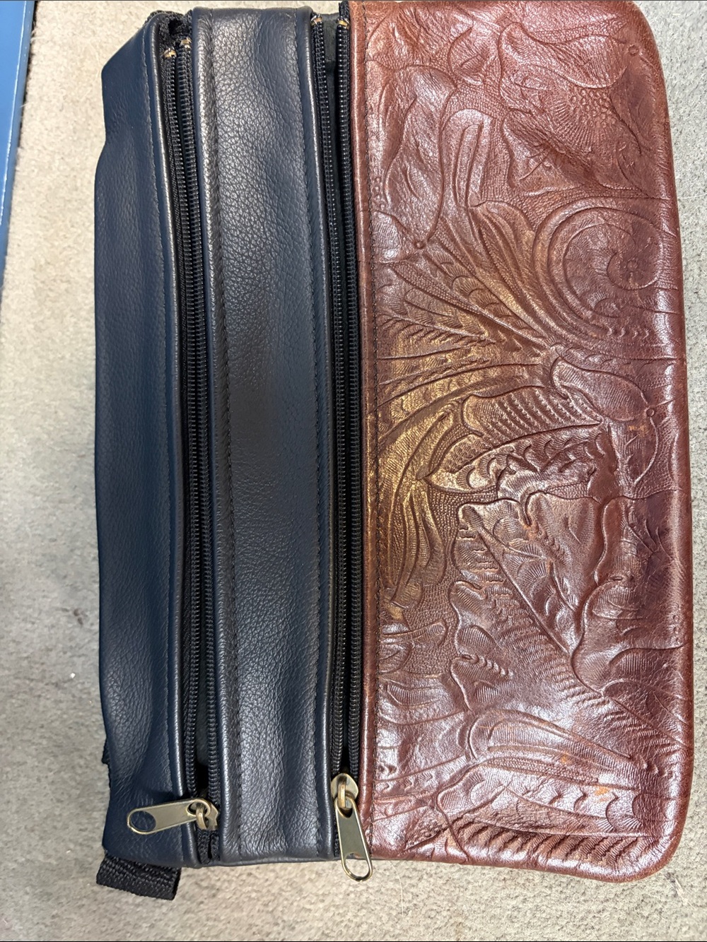 Two-Tone Embossed Leather Shoulder Bag - Brown & Navy